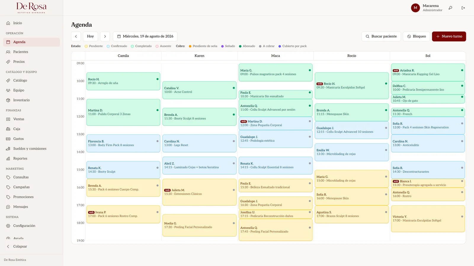 Agenda de turnos de De Rosa organizada por profesional