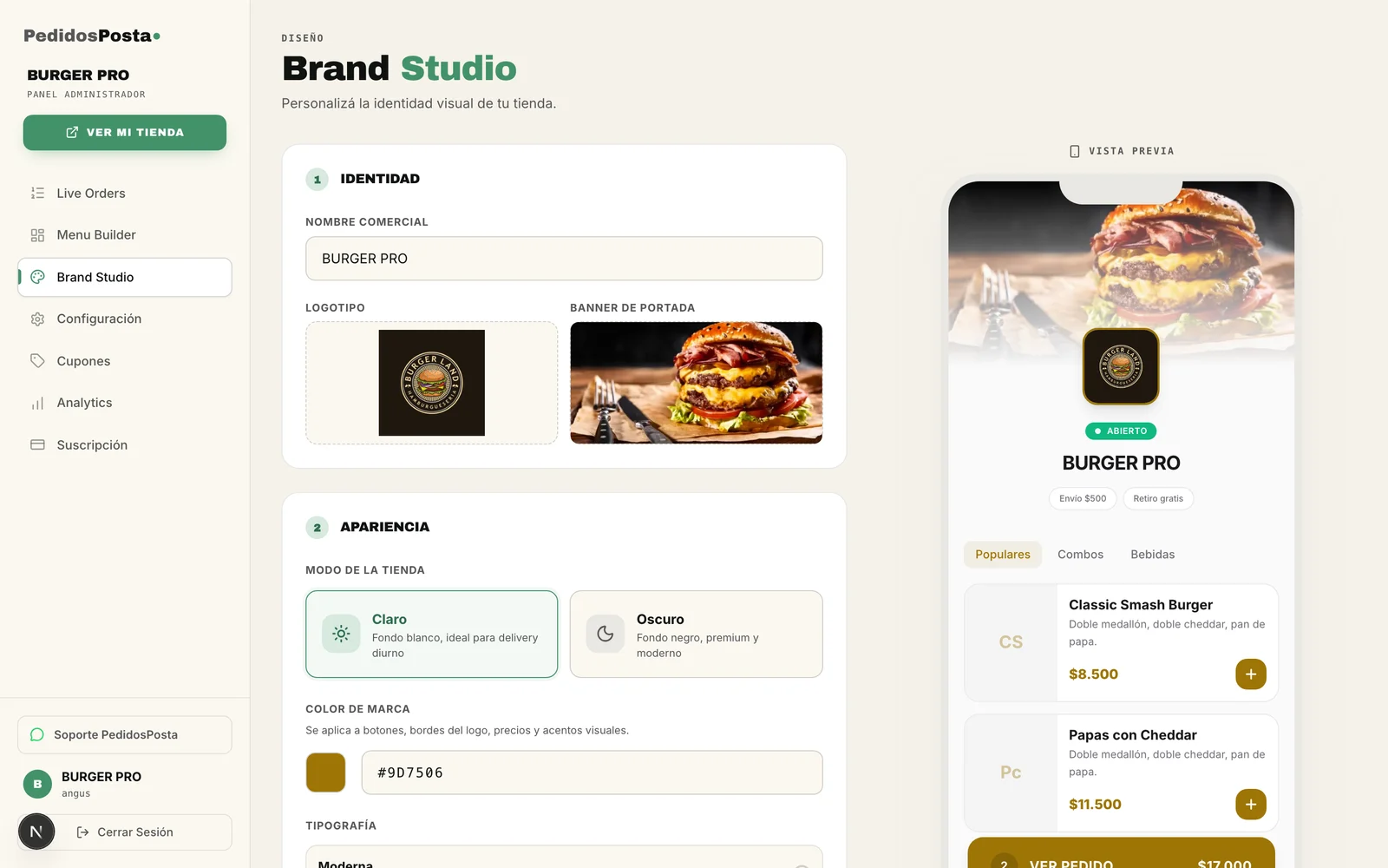 Brand Studio de PedidosPosta con vista previa de la tienda