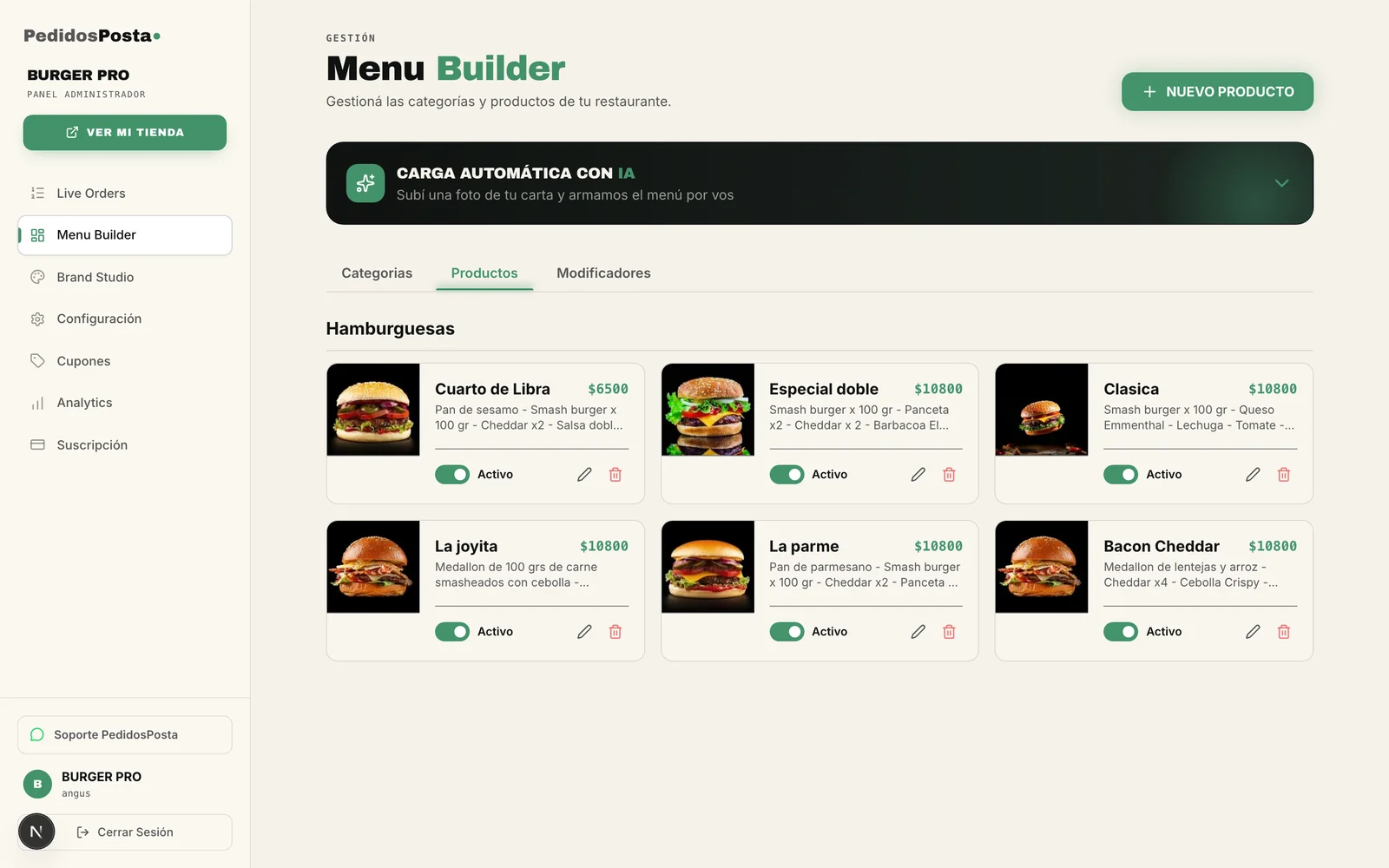 Menu Builder de PedidosPosta con carga de productos y carta por IA