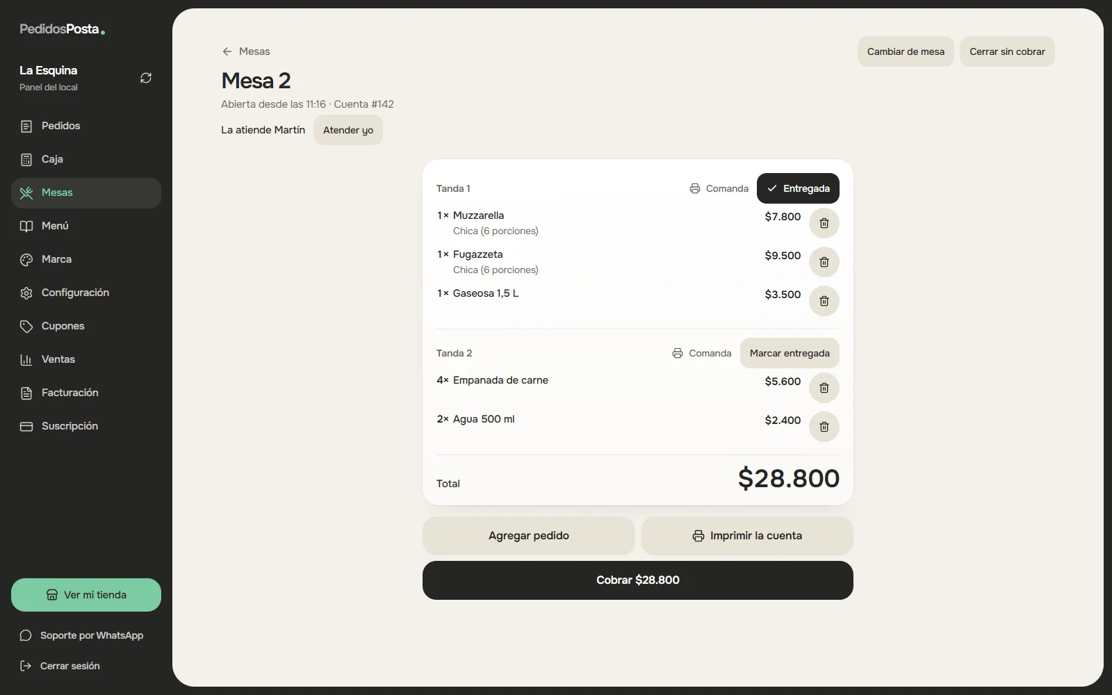 Cuenta de una mesa en PedidosPosta con las tandas, la comanda y el total a cobrar