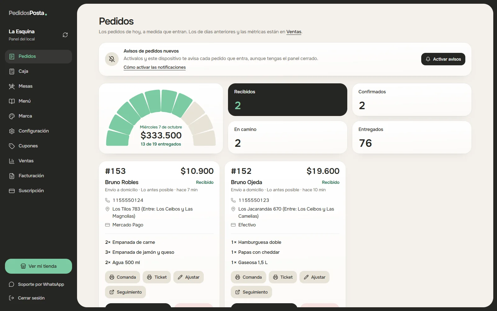 Pedidos del día en PedidosPosta con los recibidos, confirmados y en camino